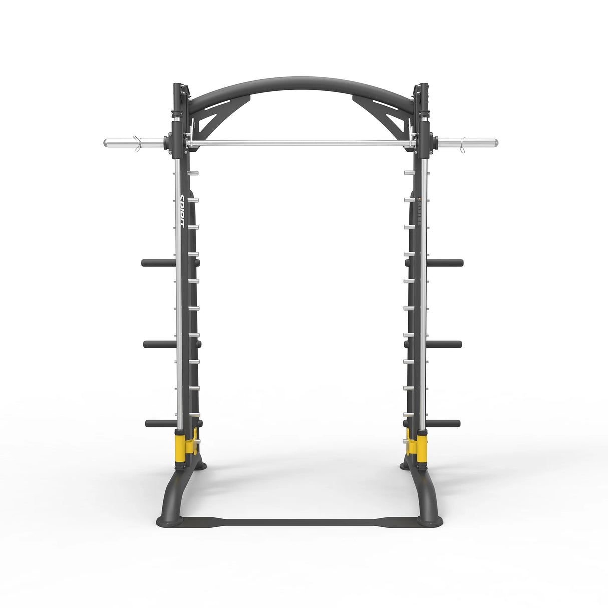 Front view of the Spirit Fitness CSF-SMTH Smith Machine showing the counterbalanced bar, arched top rail, and yellow safety catches on the base.