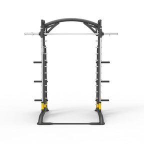 Front view of the Spirit Fitness CSF-SMTH Smith Machine showing the counterbalanced bar, arched top rail, and yellow safety catches on the base.
