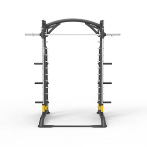 Front view of the Spirit Fitness CSF-SMTH Smith Machine showing the counterbalanced bar, arched top rail, and yellow safety catches on the base.