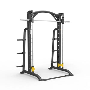 Angled view of the Spirit Fitness CSF-SMTH Smith Machine showing the linear bearings, weight-plate storage pegs, and numbered J-hook slots.