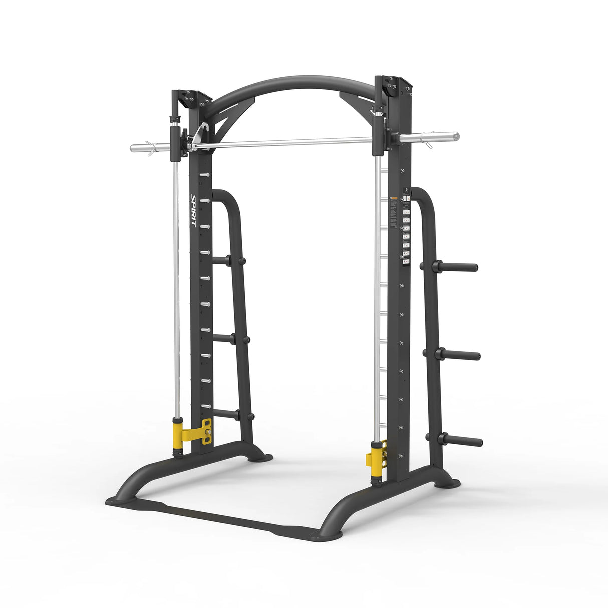 Opposite-angle view of the Spirit Fitness CSF-SMTH Smith Machine showing the smith bar, safety hooks, and weight-storage horns on the frame.