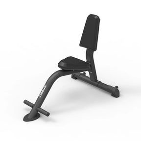 Angled view of the Spirit Fitness CSF-UPRB Upright Bench showing the vertical backrest, seat pad, and cross-shaped base.