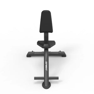 Front view of the Spirit Fitness CSF-UPRB Upright Bench showing the backrest, seat pad, and T-shaped base with leveling feet.