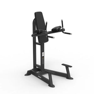 Opposite-angle view of the Spirit Fitness CSF-VKRD Vertical Knee Raise/Dip Station showing the dip handles, forearm pads, and instruction placard.