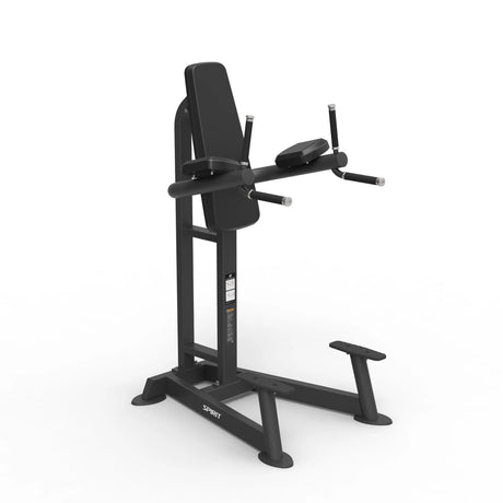 Opposite-angle view of the Spirit Fitness CSF-VKRD Vertical Knee Raise/Dip Station showing the dip handles, forearm pads, and instruction placard.