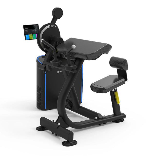 Front three-quarter view of the Spirit Fitness CSI-BCTE i-Strength Dual Biceps Curl/Triceps Extension showing the touchscreen console and curl arm.