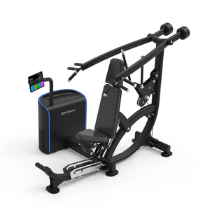 Front three-quarter view of the Spirit Fitness CSI-CPSP i-Strength Dual Chest Press/Shoulder Press showing the press handles, seat, and touchscreen console.