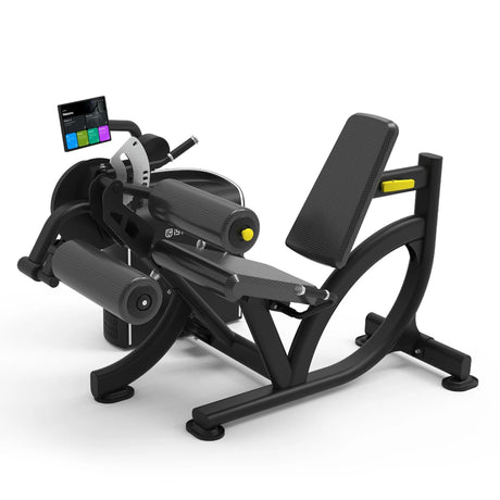 Front three-quarter view of the Spirit Fitness CSI-LELC i-Strength Dual Leg Extension/Leg Curl showing the leg pad rollers and touchscreen console.