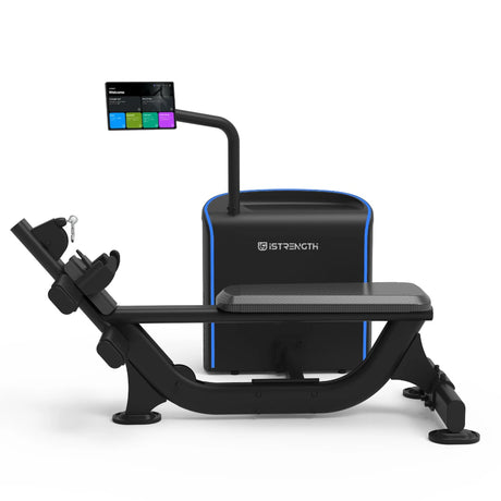Straight-on front view of the Spirit Fitness CSI-LROW i-Strength Low Row showing the console, bench, and row handle.