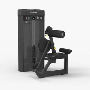 Angled view of the Spirit Fitness CSS-ABDO Abdominal Crunch machine showing the weight stack, adjustable roller pad, and seat with armrests.