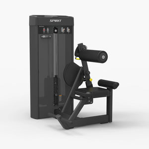 Angled view of the Spirit Fitness CSS-ABDO Abdominal Crunch machine showing the weight stack, adjustable roller pad, and seat with armrests.