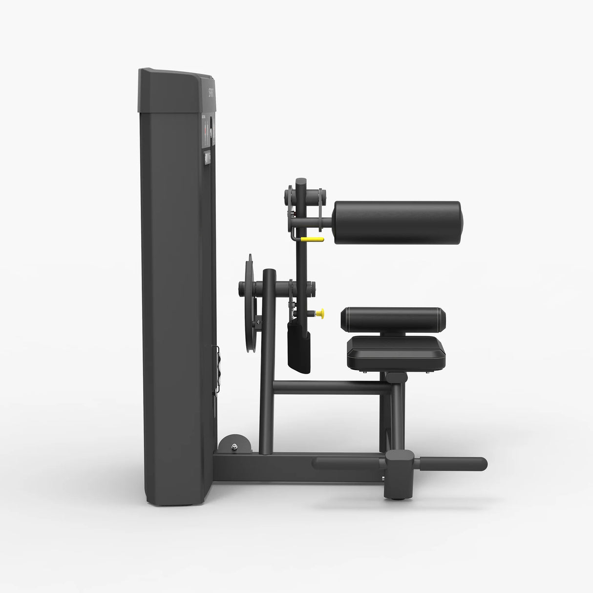 Side view of the Spirit Fitness CSS-ABDO Abdominal Crunch machine showing the weight stack, pull rod, and seat frame.
