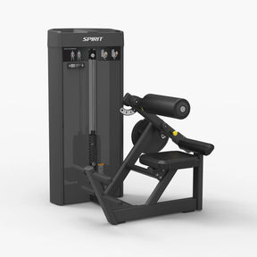 Angled view of the Spirit Fitness CSS-BEXT Back Extension machine showing the weight stack, thigh pad, and adjustable seat.