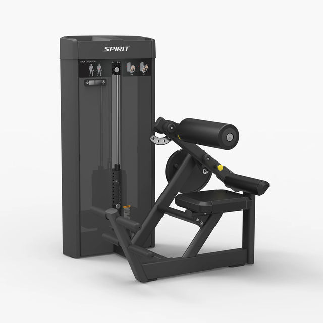 Angled view of the Spirit Fitness CSS-BEXT Back Extension machine showing the weight stack, thigh pad, and adjustable seat.