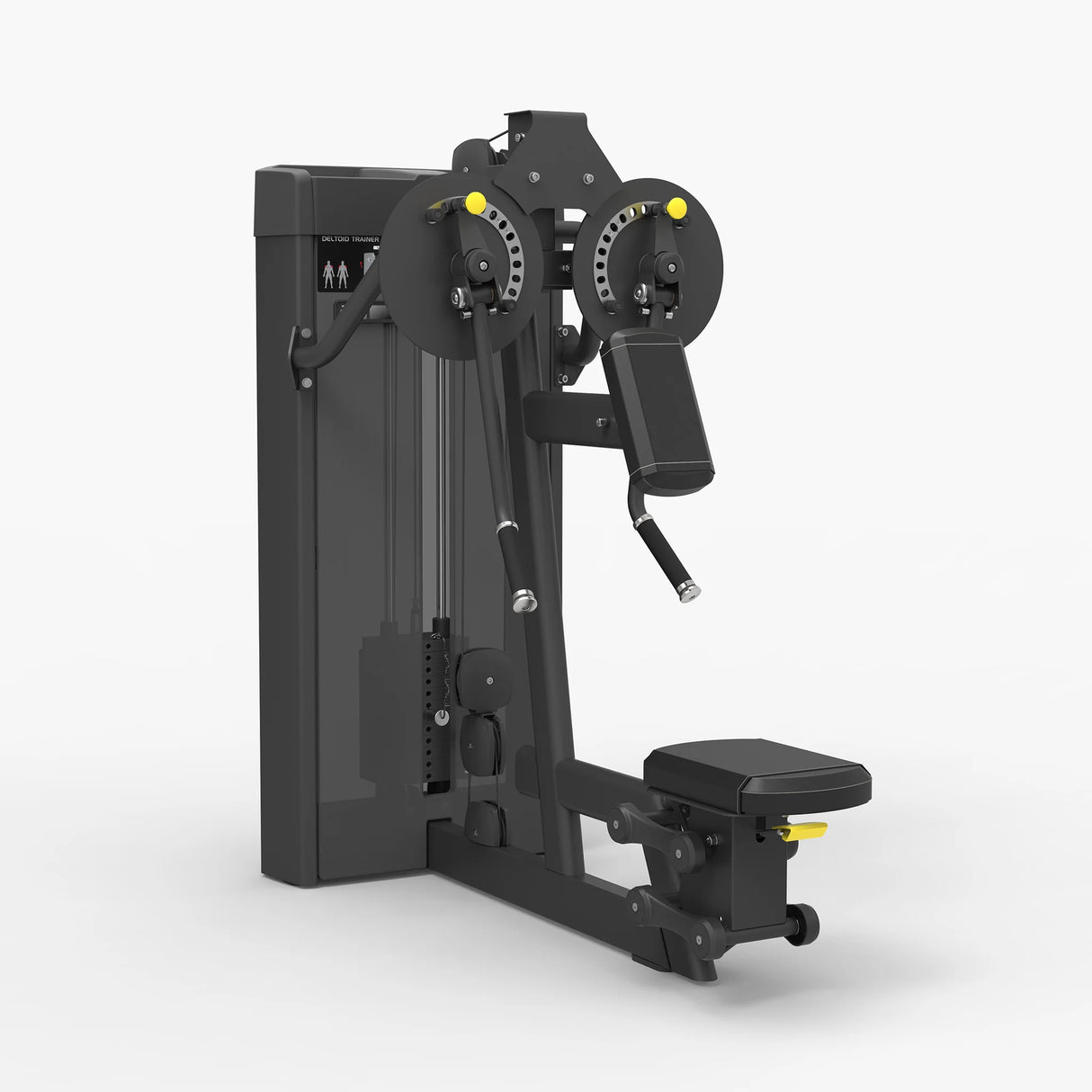 Rear angled view of the Spirit Fitness CSS-DELT Deltoid Trainer showing the dual weight stacks and pivoting arm handles.