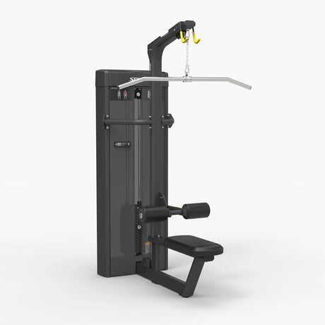 Angled view of the Spirit Fitness CSS-LATP Lat Pulldown machine showing the weight stack, lat pull bar, and seat with thigh pads.