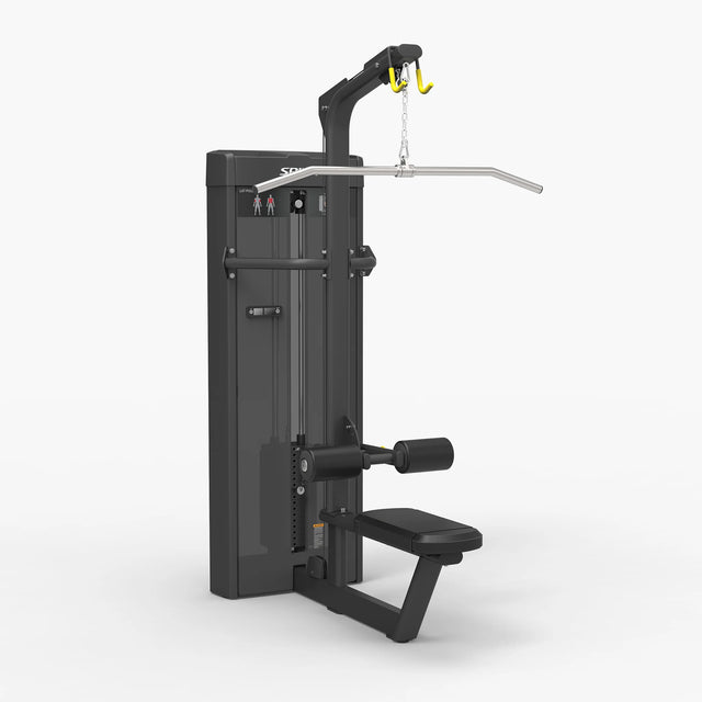Angled view of the Spirit Fitness CSS-LATP Lat Pulldown machine showing the weight stack, lat pull bar, and seat with thigh pads.