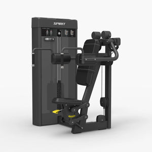 Angled view of the Spirit Fitness CSS-LATR Lateral Raise machine showing the arm pads, weight stack, and seat.