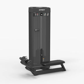 Angled view of the Spirit Fitness CSS-LROW Low Row showing the weight stack tower, flat seat, and dual pull handles.