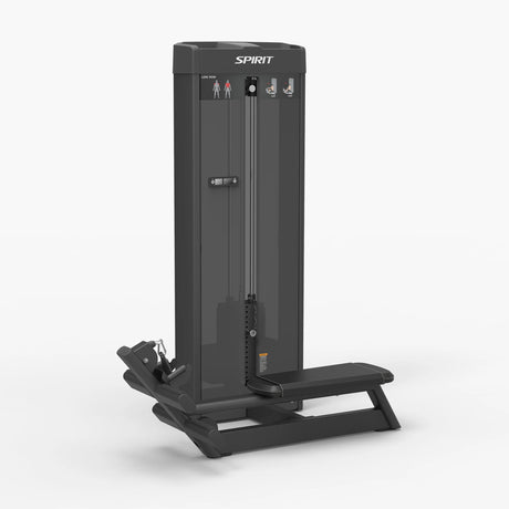 Angled view of the Spirit Fitness CSS-LROW Low Row showing the weight stack tower, flat seat, and dual pull handles.