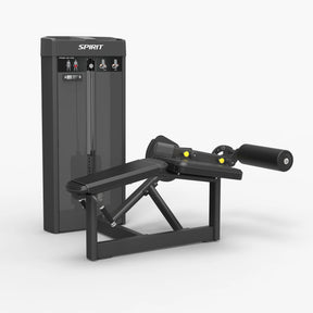 Angled view of the Spirit Fitness CSS-PRLC Prone Leg Curl showing the weight stack, angled bench pad, and rear leg roller pad.