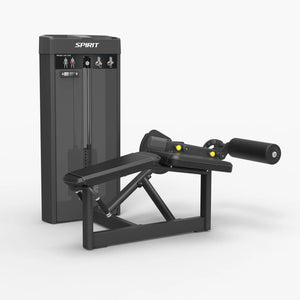 Angled view of the Spirit Fitness CSS-PRLC Prone Leg Curl showing the weight stack, angled bench pad, and rear leg roller pad.