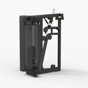 Angled view of the Spirit Fitness CSS-SCEX Standing Calf Extension showing the weight stack, shoulder pads, and angled foot platform.