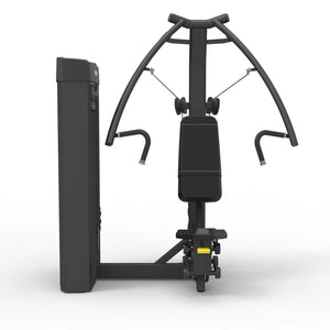 Rear view of the Spirit Fitness CSS-SCPR Seated Chest Press showing the seat back pad, press handles, and overhead cable pulleys.