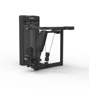 Angled view of the Spirit Fitness CSS-SHPR Shoulder Press showing the seat back pad, dual press handles, and weight stack.