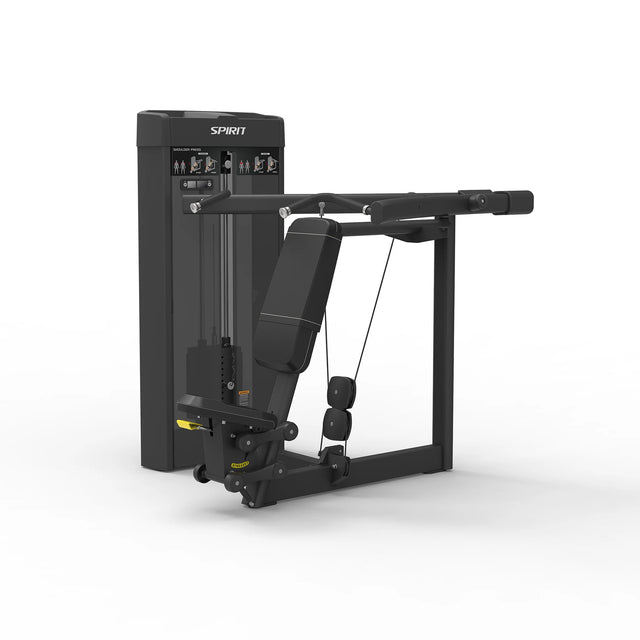 Angled view of the Spirit Fitness CSS-SHPR Shoulder Press showing the seat back pad, dual press handles, and weight stack.