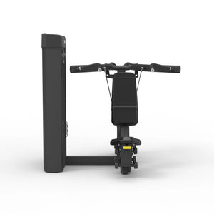 Rear view of the Spirit Fitness CSS-SHPR Shoulder Press showing the press handles, seat back pad, and weight stack cable pulleys.