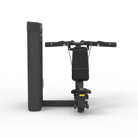 Rear view of the Spirit Fitness CSS-SHPR Shoulder Press showing the press handles, seat back pad, and weight stack cable pulleys.