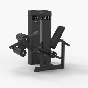 Angled front view of the Spirit Fitness CSS-SLGC Seated Leg Curl showing the weight stack tower, dual leg roller pad, and adjustable seat back.
