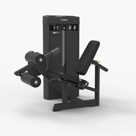 Angled front view of the Spirit Fitness CSS-SLGC Seated Leg Curl showing the weight stack tower, dual leg roller pad, and adjustable seat back.