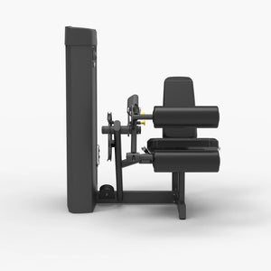 Side view of the Spirit Fitness CSS-SLGC Seated Leg Curl showing the weight stack column, leg roller arm, and seat frame profile.