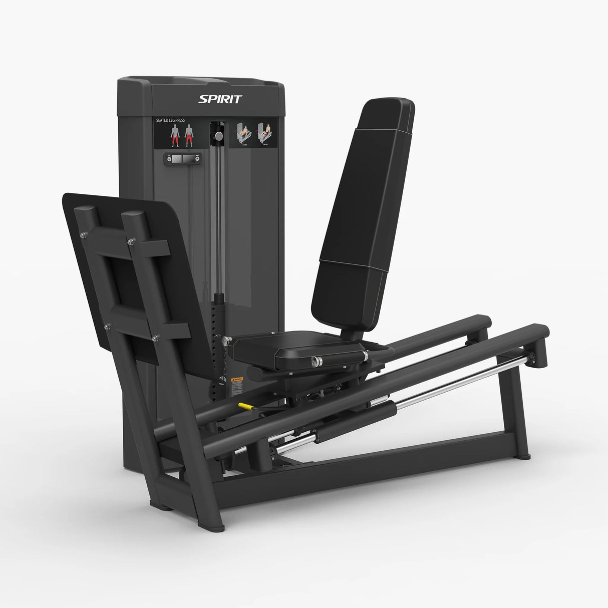 Angled front view of the Spirit Fitness CSS-SLGP Seated Leg Press showing the reclined seat back, footplate, and sliding carriage rails.