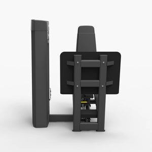 Rear view of the Spirit Fitness CSS-SLGP Seated Leg Press showing the weight stack tower and adjustable back pad frame.