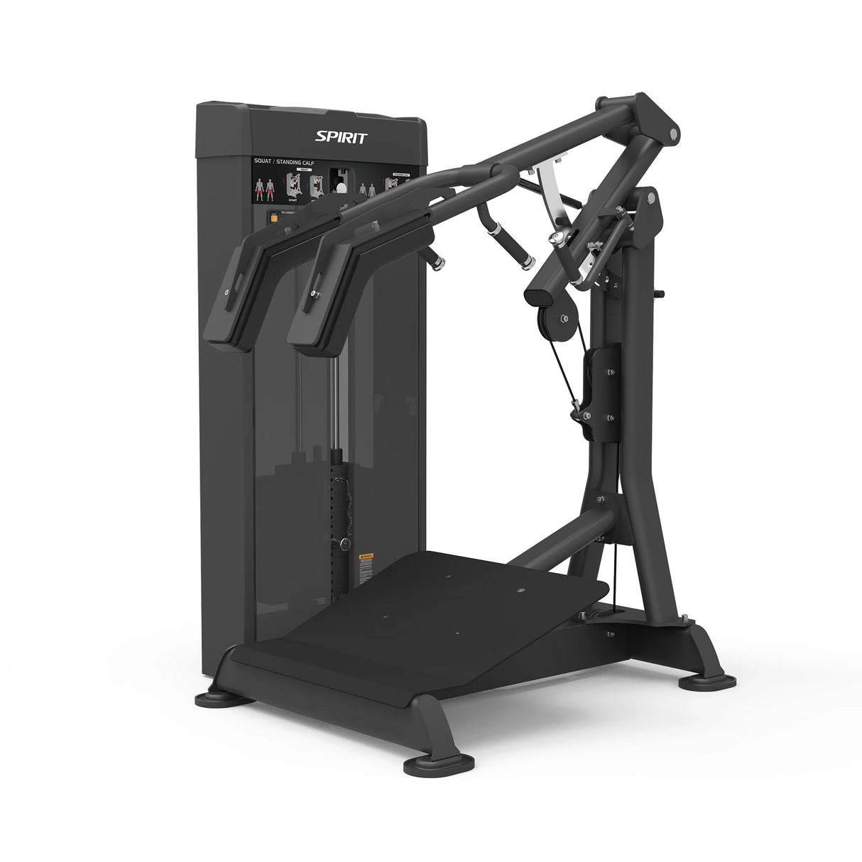 Angled front view of the Spirit Fitness CSS-SQSC Squat / Standing Calf machine showing the shoulder pads, weight stack, and angled step platform.
