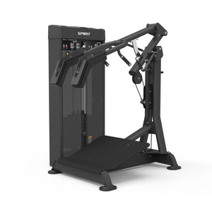 Angled front view of the Spirit Fitness CSS-SQSC Squat / Standing Calf machine showing the shoulder pads, weight stack, and angled step platform.