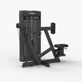 Angled front view of the Spirit Fitness CSS-SROW Seated Row showing the chest pad, dual handles, and weight stack tower.