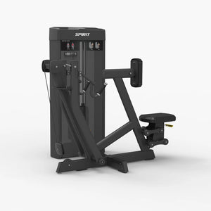 Angled front view of the Spirit Fitness CSS-SROW Seated Row showing the chest pad, dual handles, and weight stack tower.