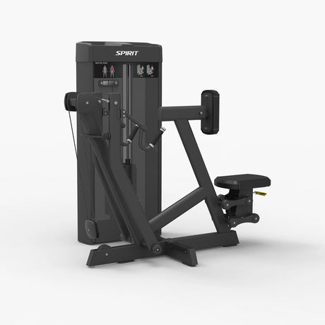 Angled front view of the Spirit Fitness CSS-SROW Seated Row showing the chest pad, dual handles, and weight stack tower.
