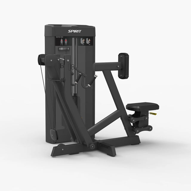 Angled front view of the Spirit Fitness CSS-SROW Seated Row showing the chest pad, dual handles, and weight stack tower.