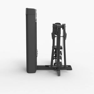 Rear view of the Spirit Fitness CSS-SROW Seated Row showing the weight stack column, cable pulley, and seat frame.