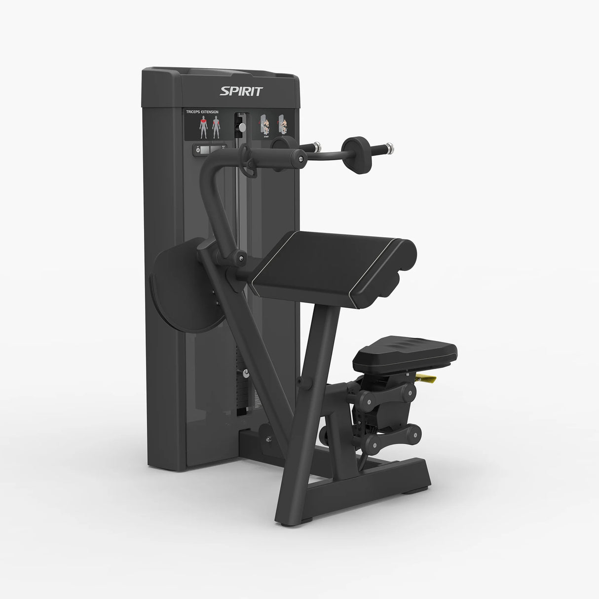 Angled front view of the Spirit Fitness CSS-TEXT Triceps Extension showing the overhead press bar, chest pad, and seat with footrest.