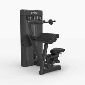 Angled front view of the Spirit Fitness CSS-TEXT Triceps Extension showing the overhead press bar, chest pad, and seat with footrest.
