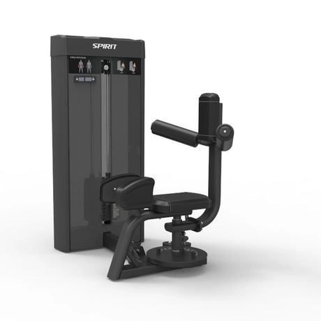 Angled front view of the Spirit Fitness CSS-TROT Torso Rotation showing the rotating seat, handgrips, and weight stack tower.