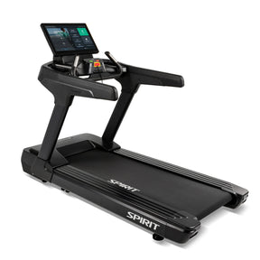 Front-angled view of the Spirit Fitness CT1000ENT Treadmill showing its touchscreen console, dual handrails, and wide black running belt.