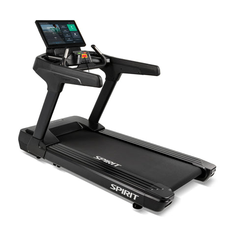 Front-angled view of the Spirit Fitness CT1000ENT Treadmill showing its touchscreen console, dual handrails, and wide black running belt.