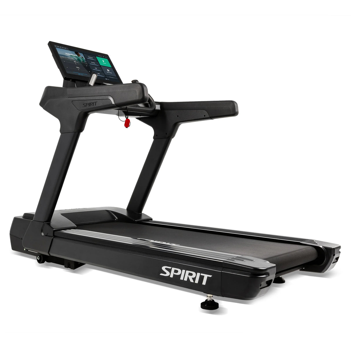 Front-angled view of the Spirit Fitness CT1000ENT Treadmill highlighting the safety key clip and full frame silhouette.
